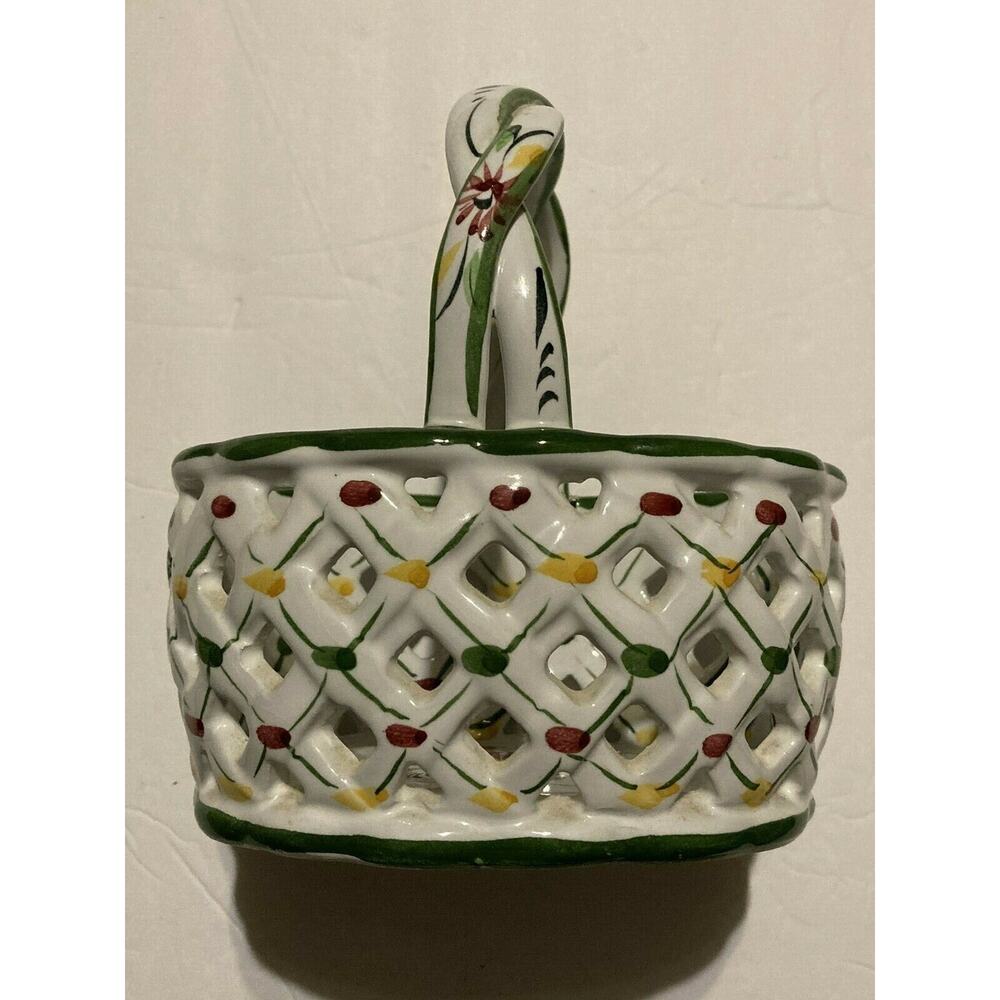 Vintage Hand Painted Ceramic Basket, Portugal